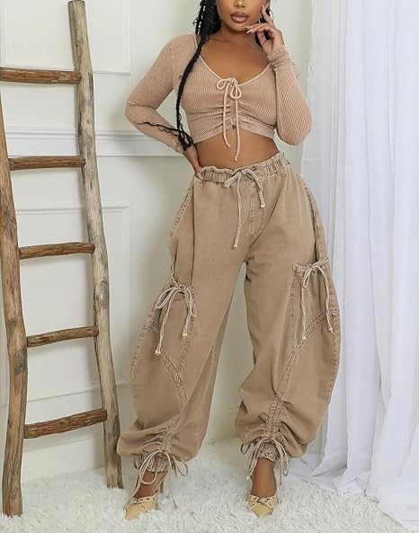Drawstring Pull-On Cargo Denim Pants