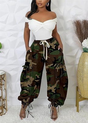 Drawstring Pull-On Cargo Denim Pants