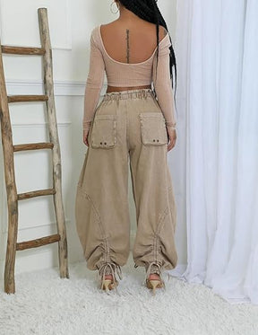 Drawstring Pull-On Cargo Denim Pants