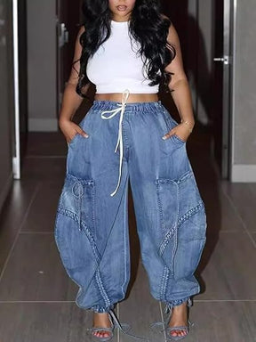 Drawstring Pull-On Cargo Denim Pants