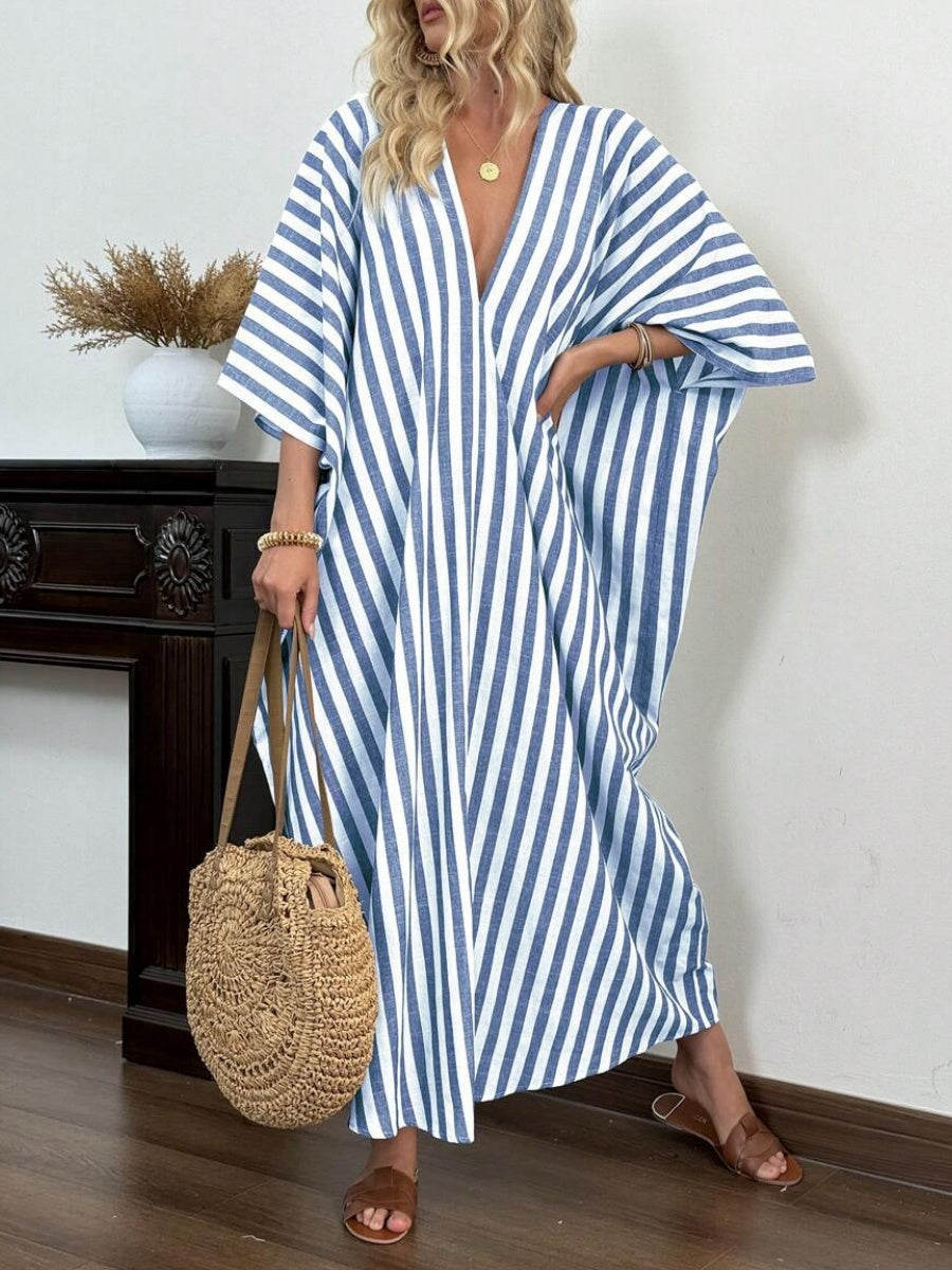 Striped Print Batwing Sleeve Casual Dress