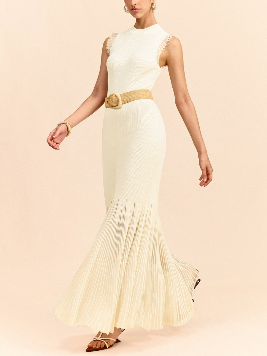 Tulle-Paneled Ruffled Knit Maxi Dress