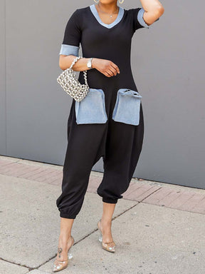 V-Neck Denim Patchwork Loose Jumpsuit