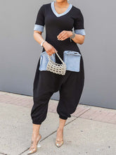 V-Neck Denim Patchwork Loose Jumpsuit