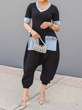 V-Neck Denim Patchwork Loose Jumpsuit