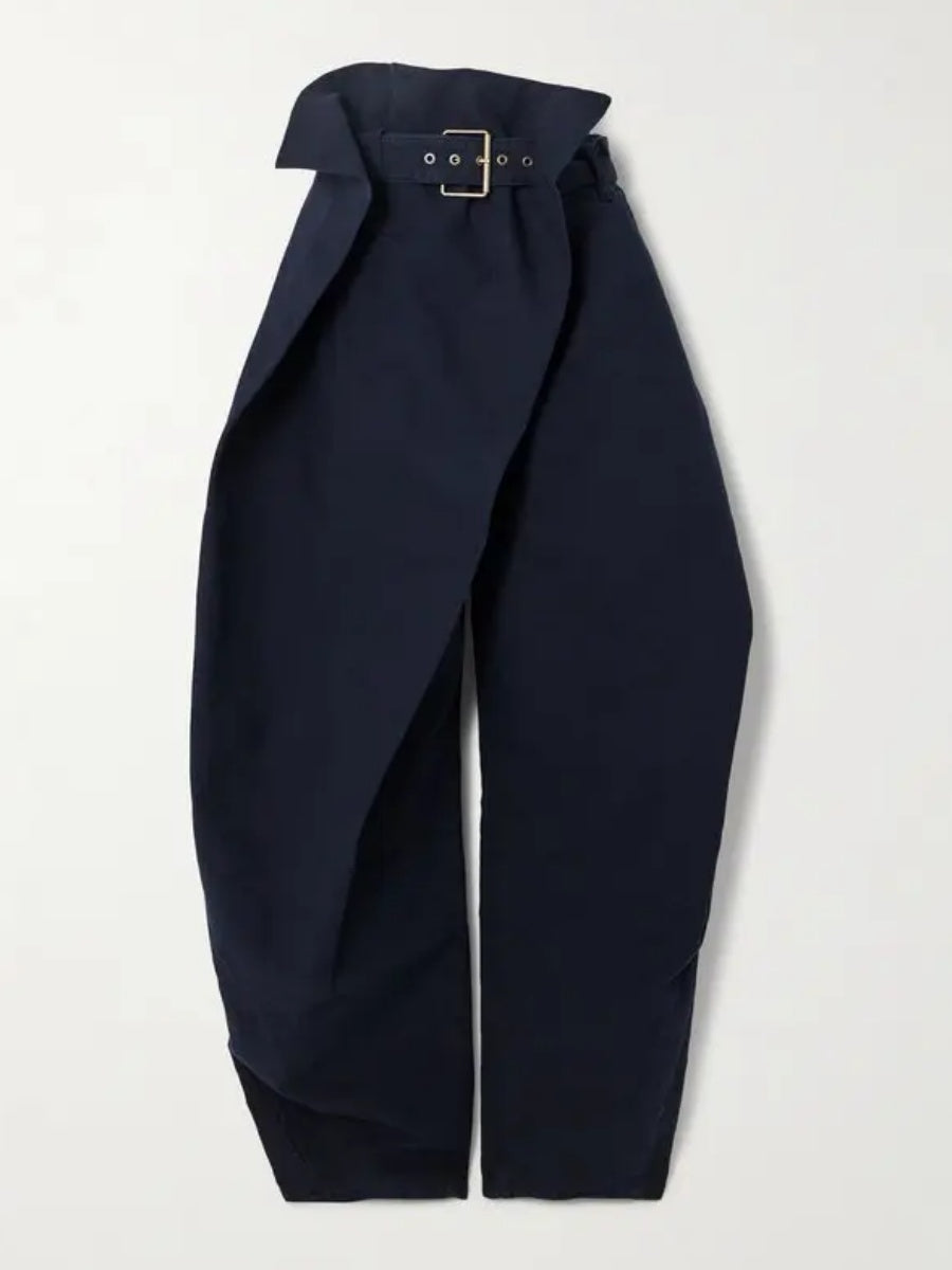 Asymmetric Layered Belted Organic Cotton-Twill Tapered Pants