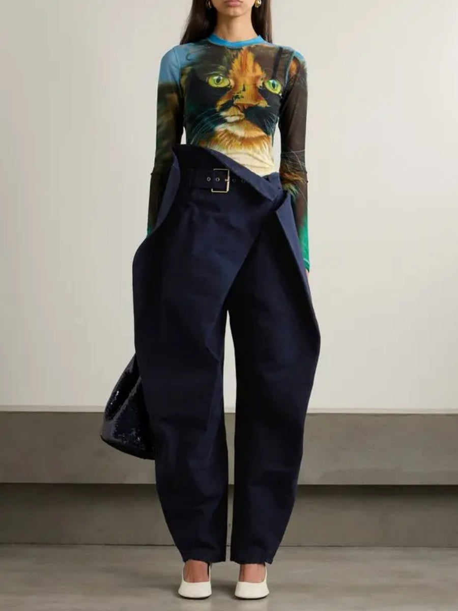 Asymmetric Layered Belted Organic Cotton-Twill Tapered Pants