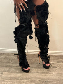 Thigh High Black Fur Sandal Wrap Shoe