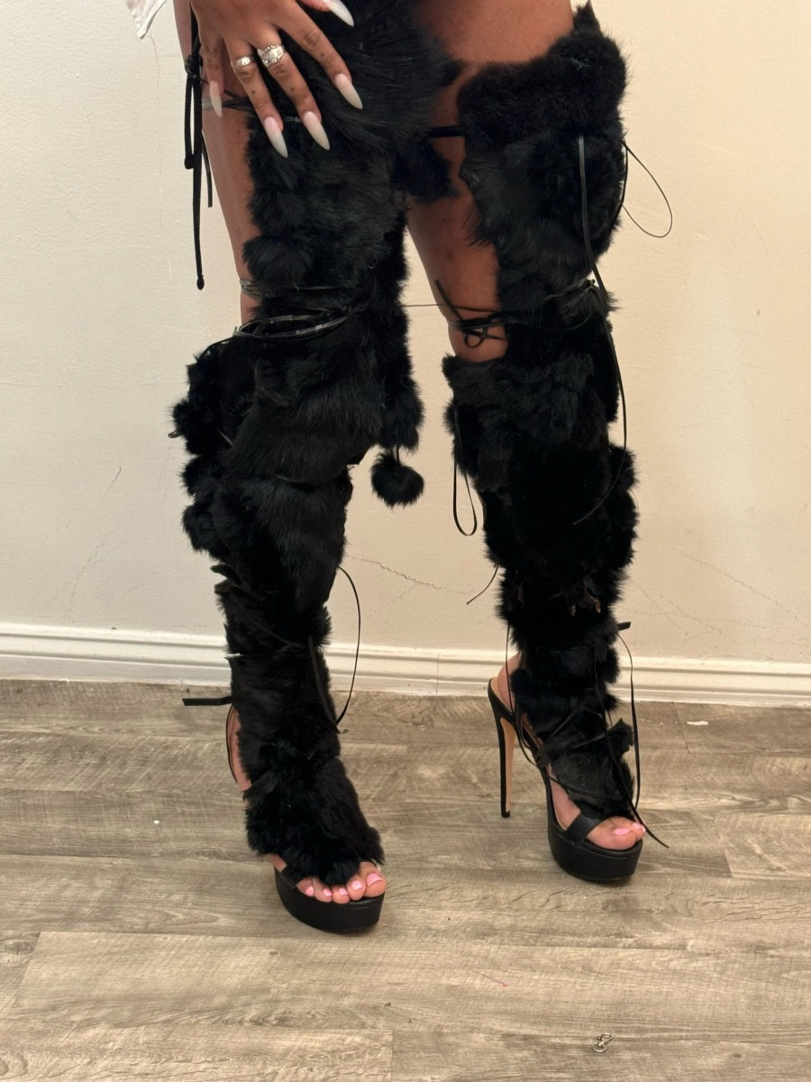 Thigh High Black Fur Sandal Wrap Shoe