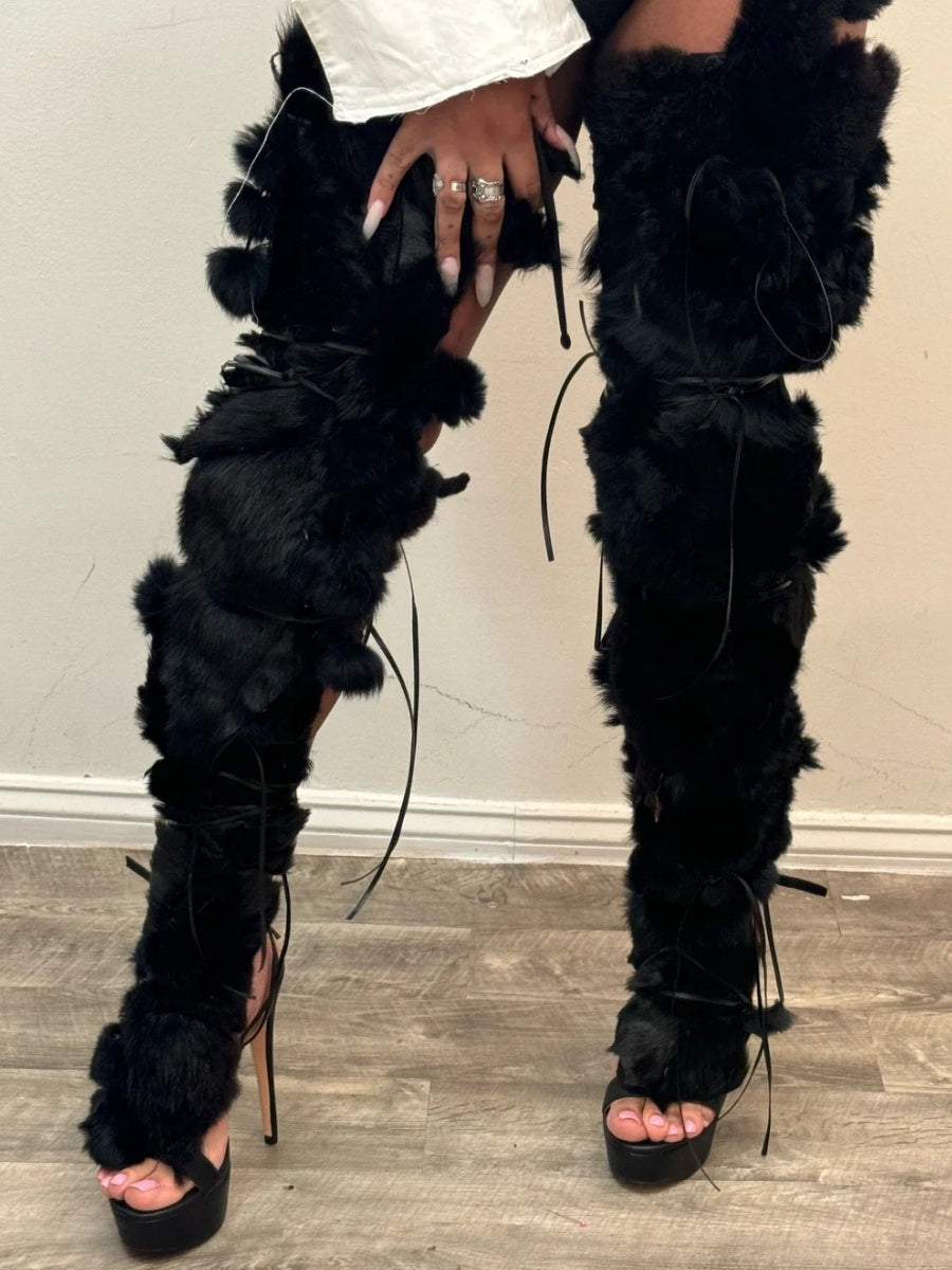 Thigh High Black Fur Sandal Wrap Shoe