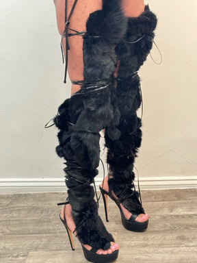 Thigh High Black Fur Sandal Wrap Shoe