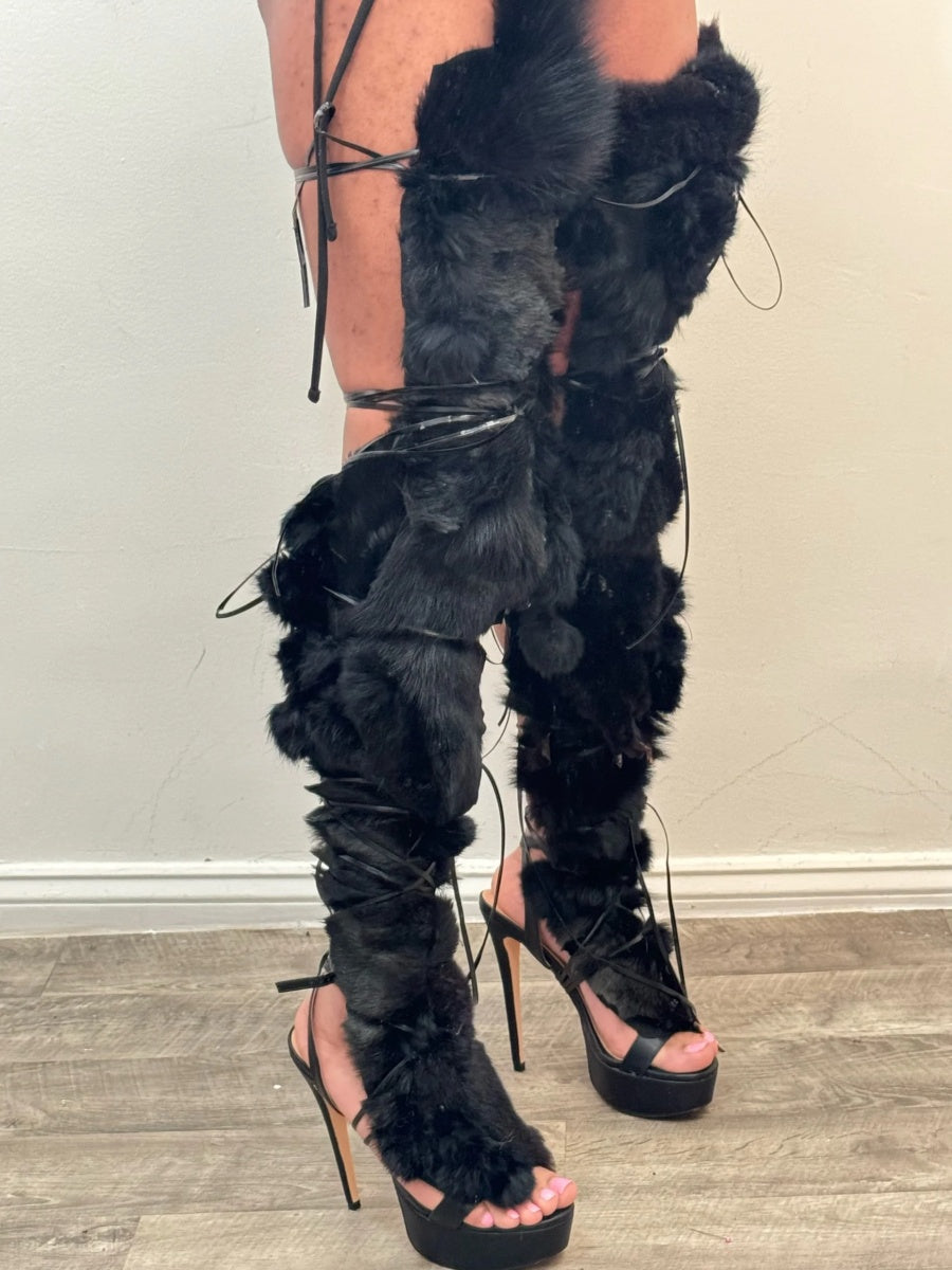 Thigh High Black Fur Sandal Wrap Shoe