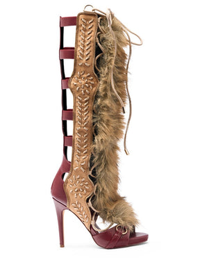 MULTI GLADIATOR STITCH AND FUR SANDAL