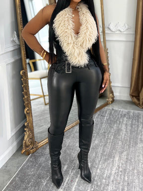 Faux Fur Patchwork PU Backless Jumpsuit