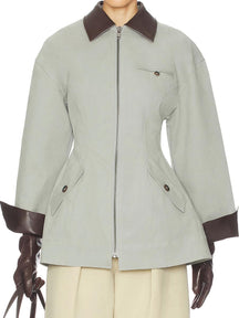 Faux Leather Collar Patchwork Zip Up Jacket