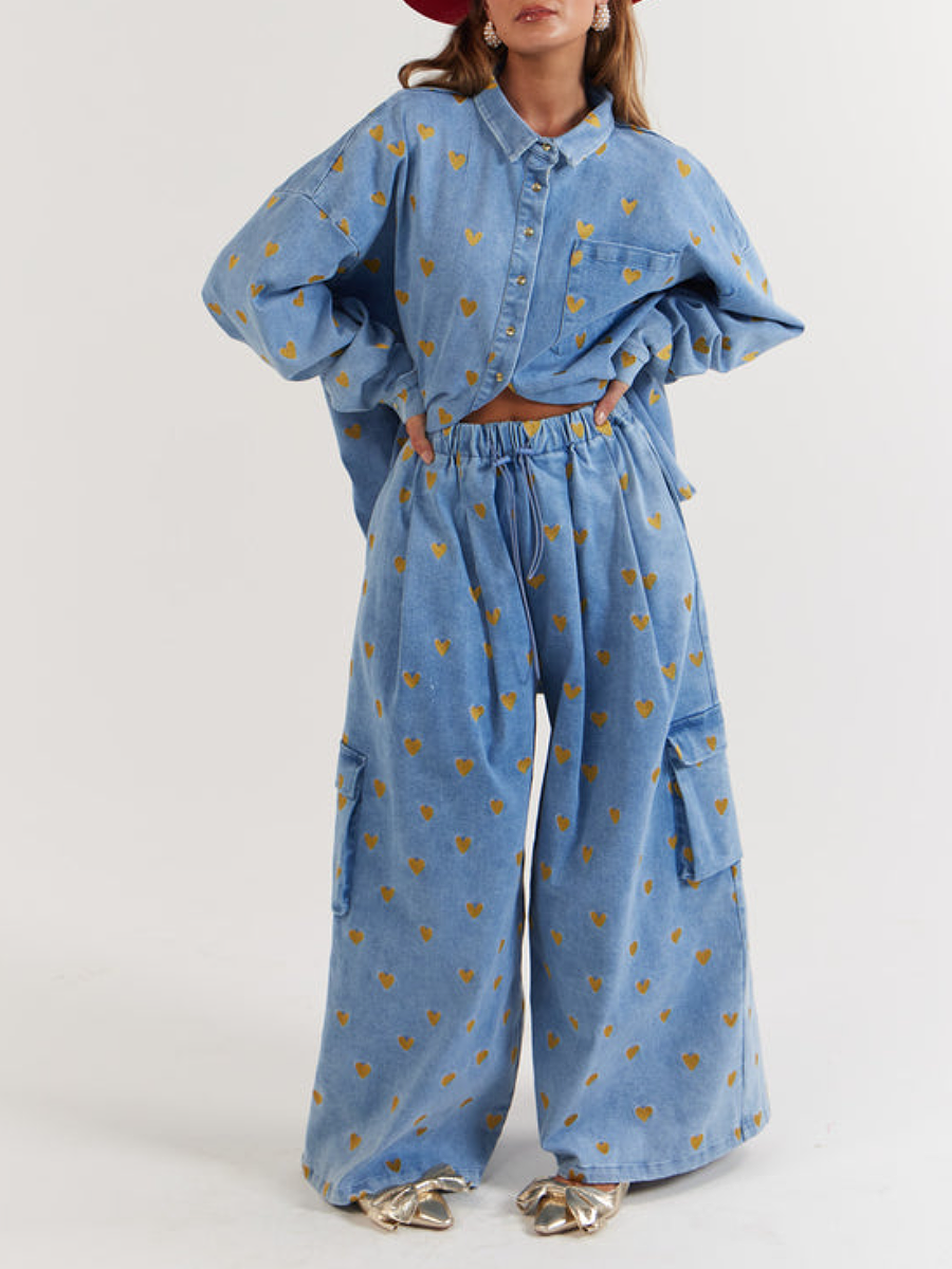 Love Embroidery Denim Pants Suit