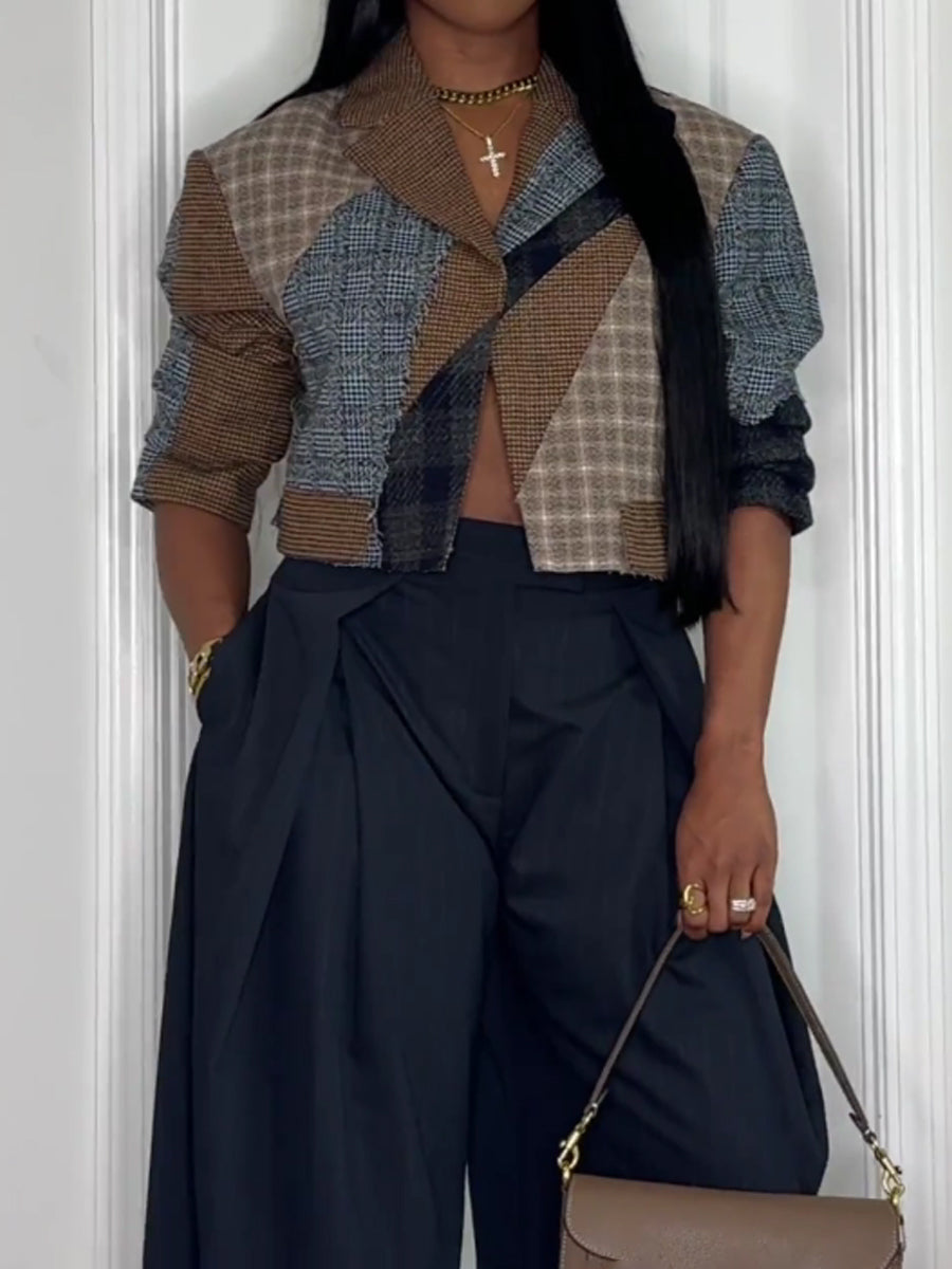 Plaid Print Patchwork Cropped Blazer