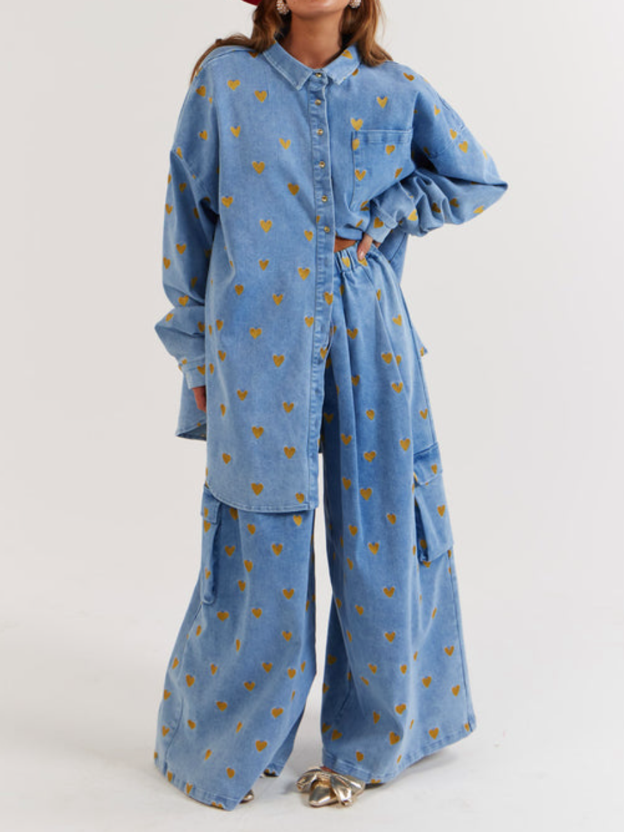 Love Embroidery Denim Pants Suit