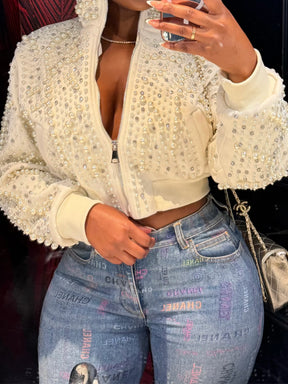 Pearl Rhinestone Sparkle Bomber Jacket