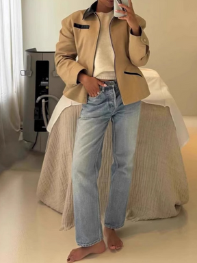 Khaki Tight Waist Profile Short Jacket