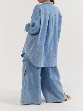 Love Embroidery Denim Pants Suit