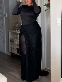 Premium Long Sleeve Contrast Textured Maxi Dress