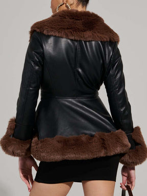 FUR TRIM PEPLUM MOTO IN BLACK BROWN