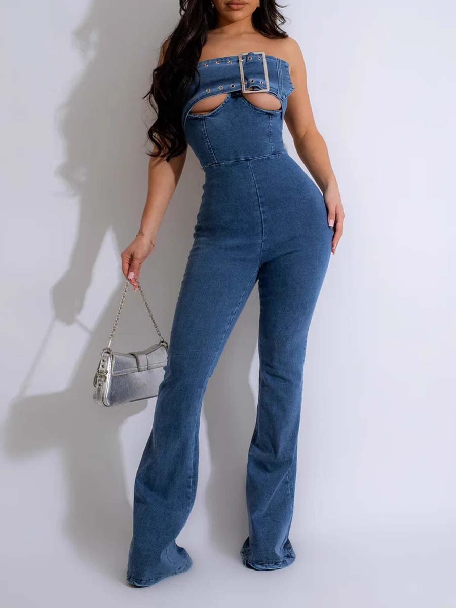 Off-Shoulder Belt-Embellished Denim Jumpsuit