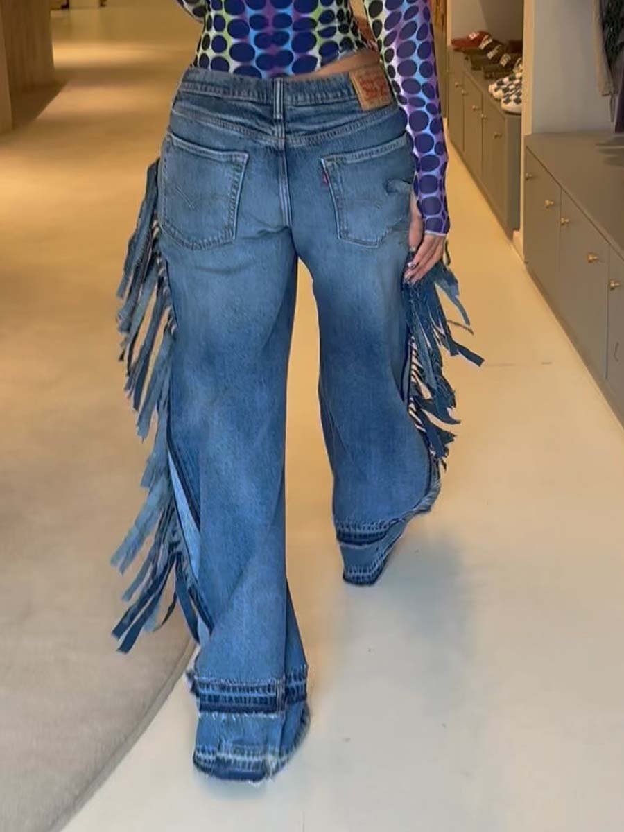 Denim Wideleg Fringe Jeans