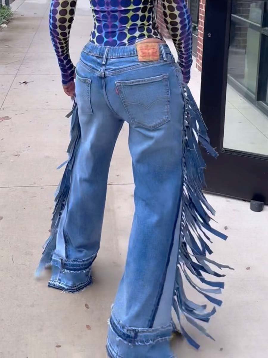 Denim Wideleg Fringe Jeans