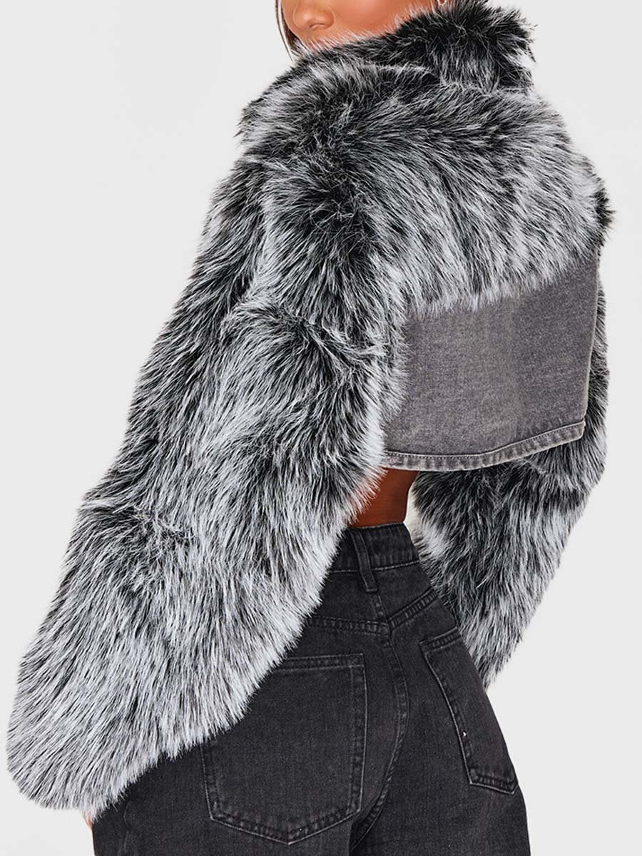 Washed Grey Faux Fur Trim Cropped Denim Jacket