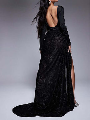 Premium Long Sleeve Contrast Textured Maxi Dress