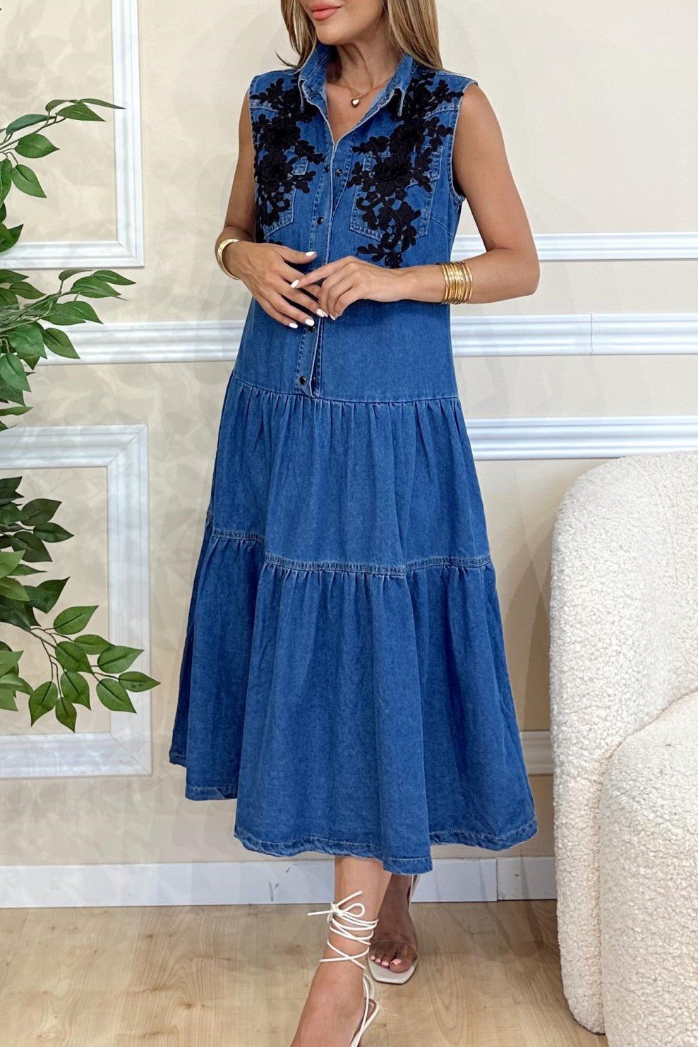 EMBROIDERED DENIM MIDI DRESS