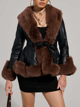 FUR TRIM PEPLUM MOTO IN BLACK BROWN