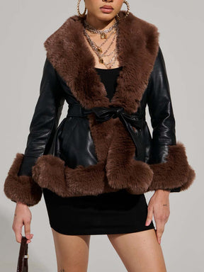 FUR TRIM PEPLUM MOTO IN BLACK BROWN