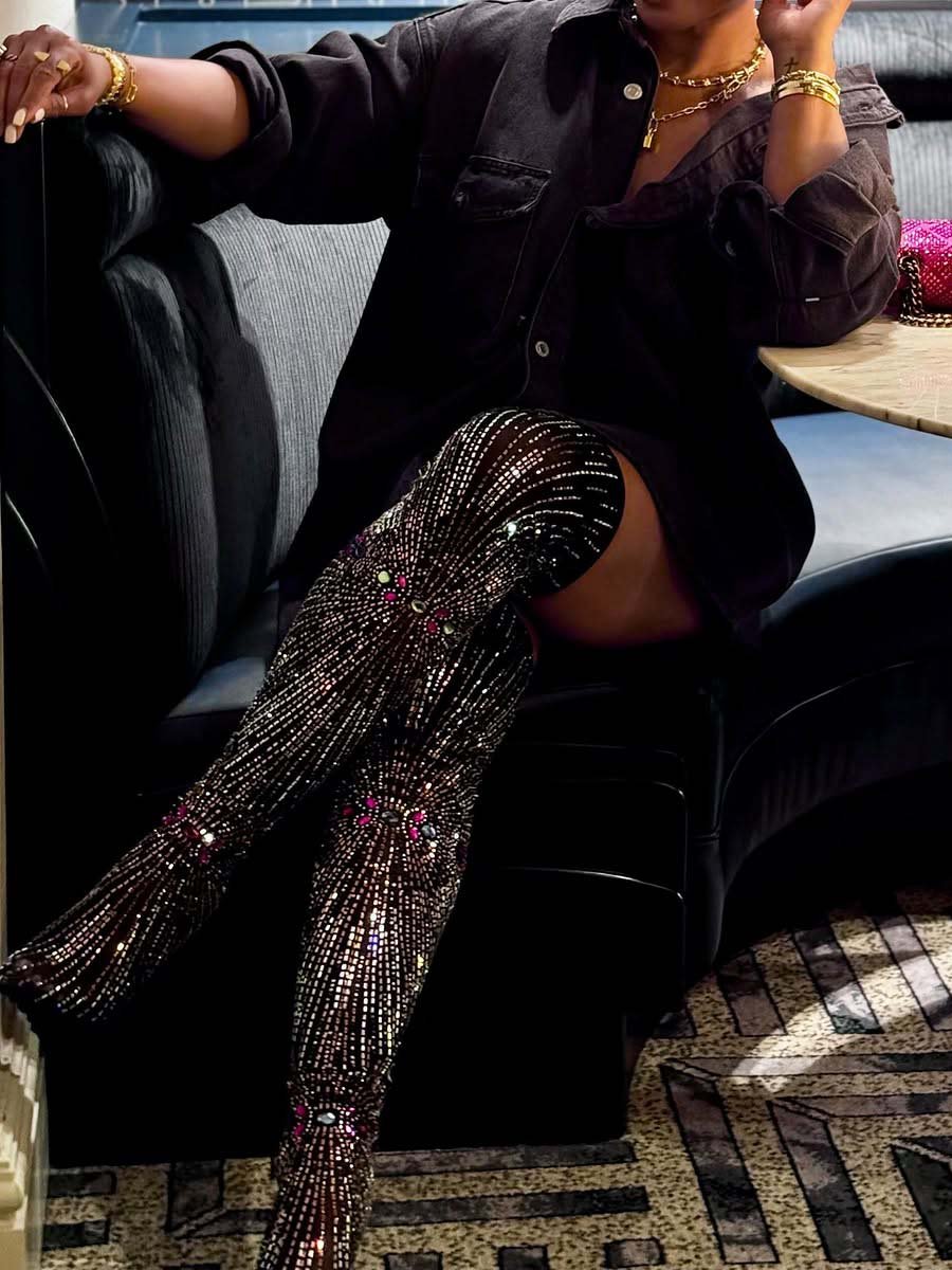 Stretch Mesh Rhinestone Thigh High Dress Boots