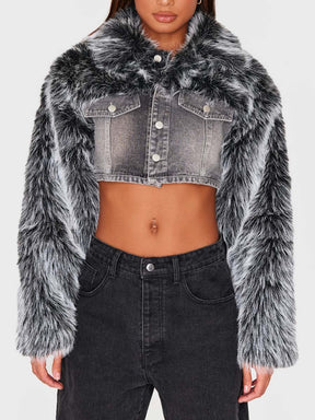 Washed Grey Faux Fur Trim Cropped Denim Jacket