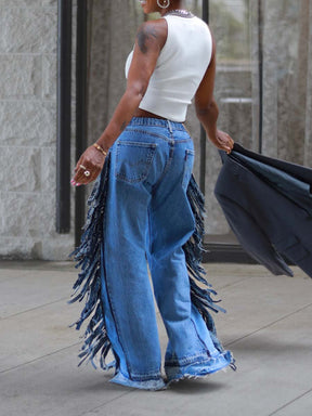 Denim Wideleg Fringe Jeans