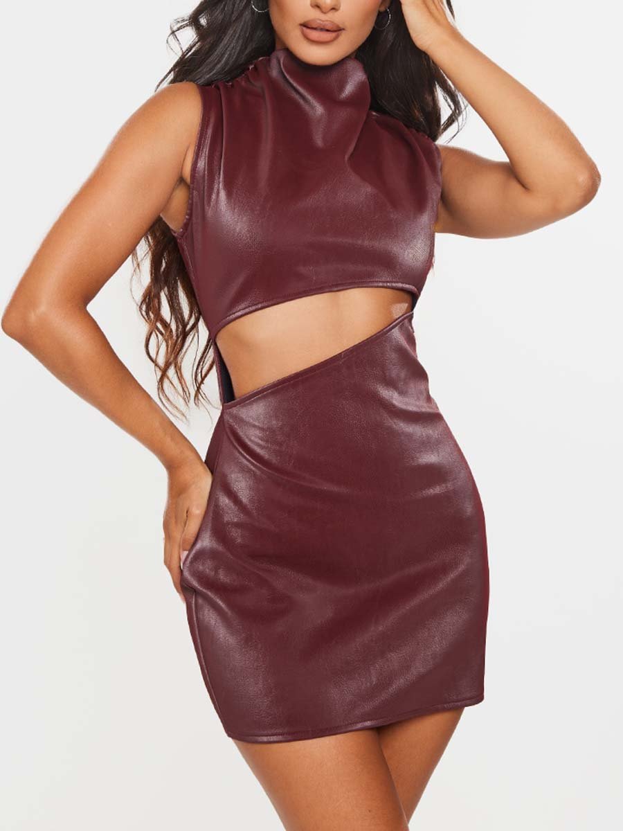 Burgundy Faux Leather Sleeveless Cut Out Mini Dress