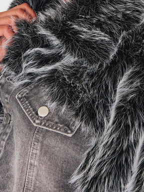 Washed Grey Faux Fur Trim Cropped Denim Jacket