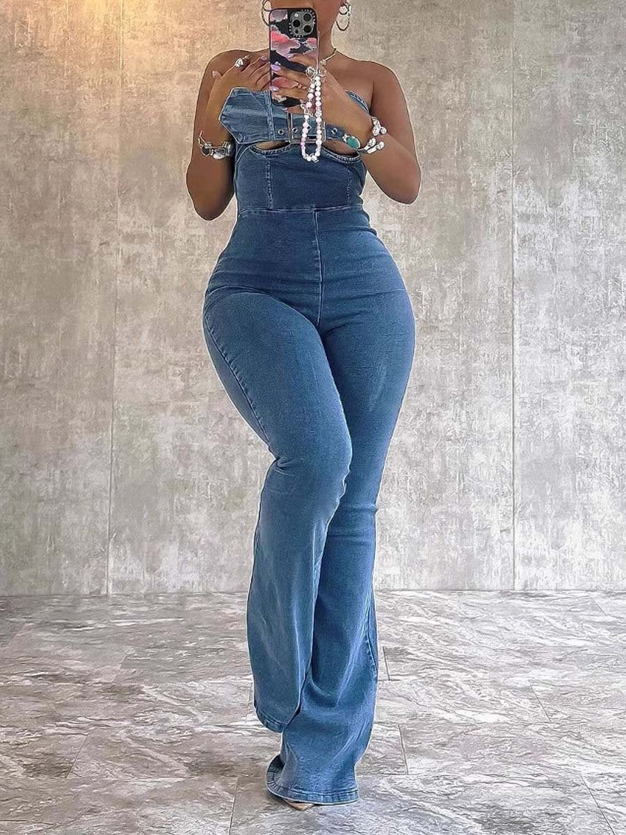 Off-Shoulder Belt-Embellished Denim Jumpsuit