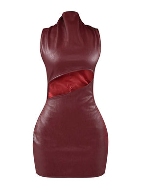 Burgundy Faux Leather Sleeveless Cut Out Mini Dress