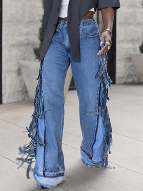 Denim Wideleg Fringe Jeans