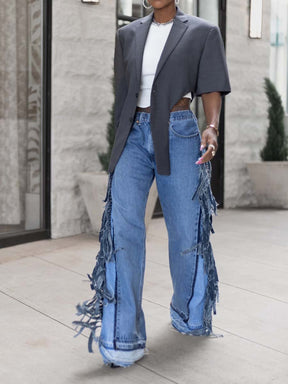 Denim Wideleg Fringe Jeans