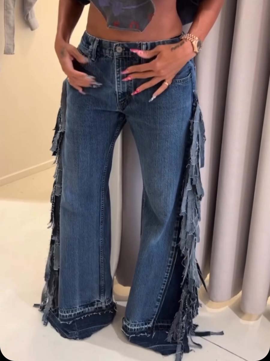 Denim Wideleg Fringe Jeans