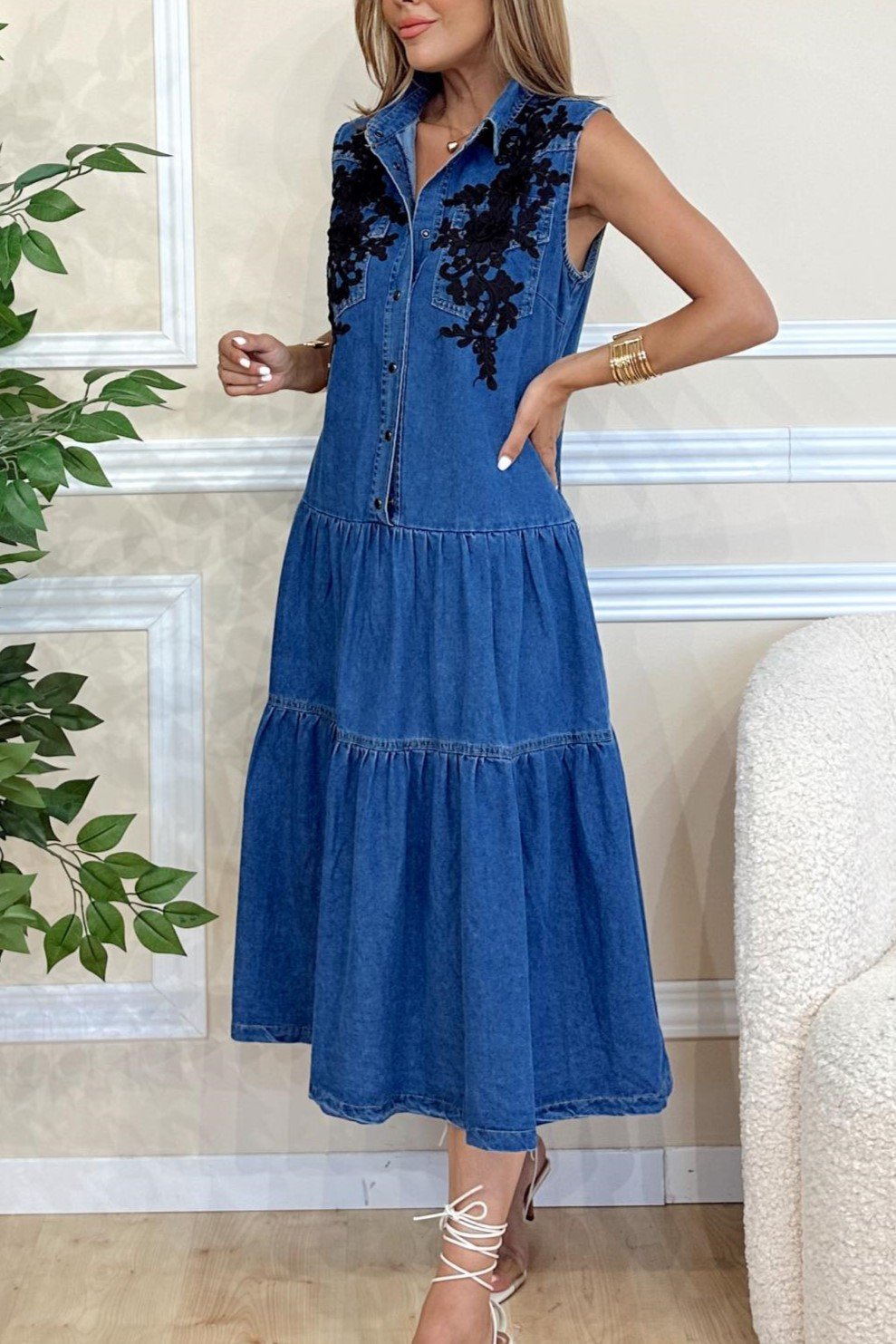 EMBROIDERED DENIM MIDI DRESS