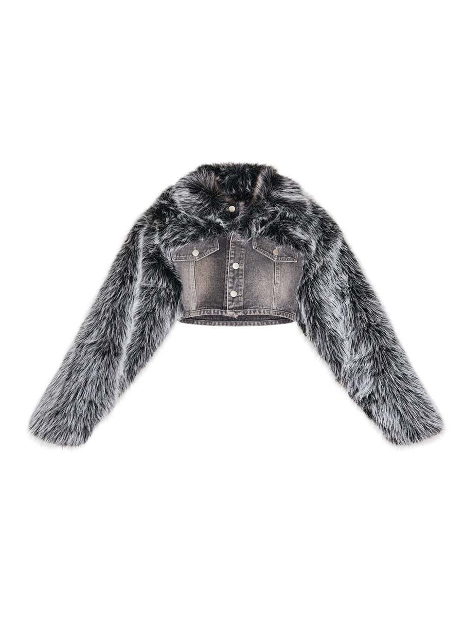 Washed Grey Faux Fur Trim Cropped Denim Jacket