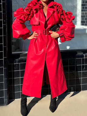 Wide Lapel Long Sleeve Ruffled Patchwork PU Coat